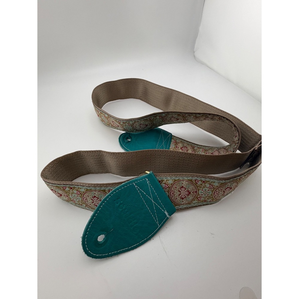 Souldier Custom Guitar Strap Vintage Fabric Recycled Seatbelt Teal Leather Ends - Picture 5 of 5
